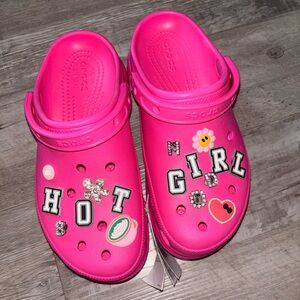 new with tags Platform pink crocs size 9 say “hot girl”